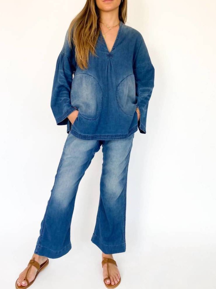 Freecity Jeans Marce Sailor Wide Leg Pull-On In Blue Denim